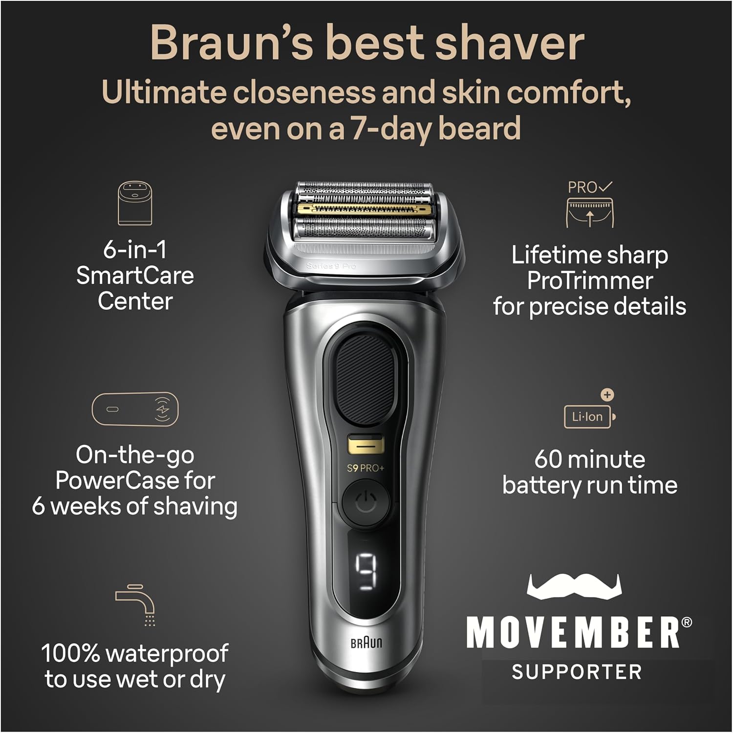 Braun Rasoir électrique Series 9 PRO+ 9577cc pour homme, 5 éléments de rasage professionnels et tondeuse à cheveux longs de précision, centre SmartCare 6 en 1, PowerCase pour chargement mobile, humide