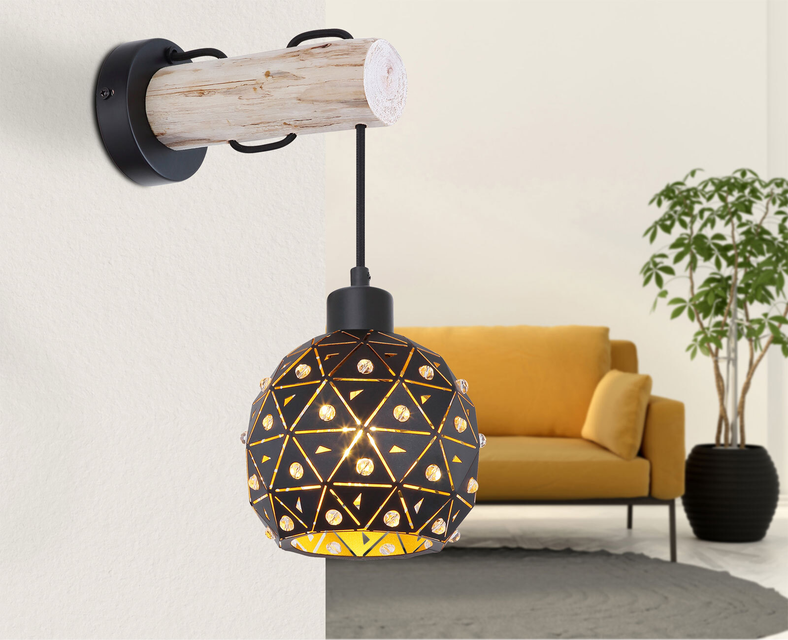 JODIE Wandlampe schwarz 54029W, H/T: 40 x 15 cm, Metall, Glas, Holz