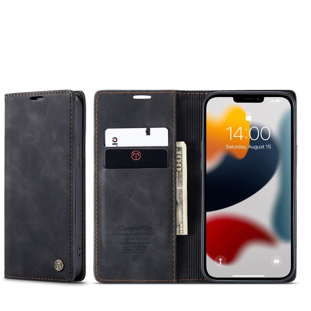 iPhone 13 Pro Leder Tasche Flip Wallet Etui mit Kartenfächern - Schwarz