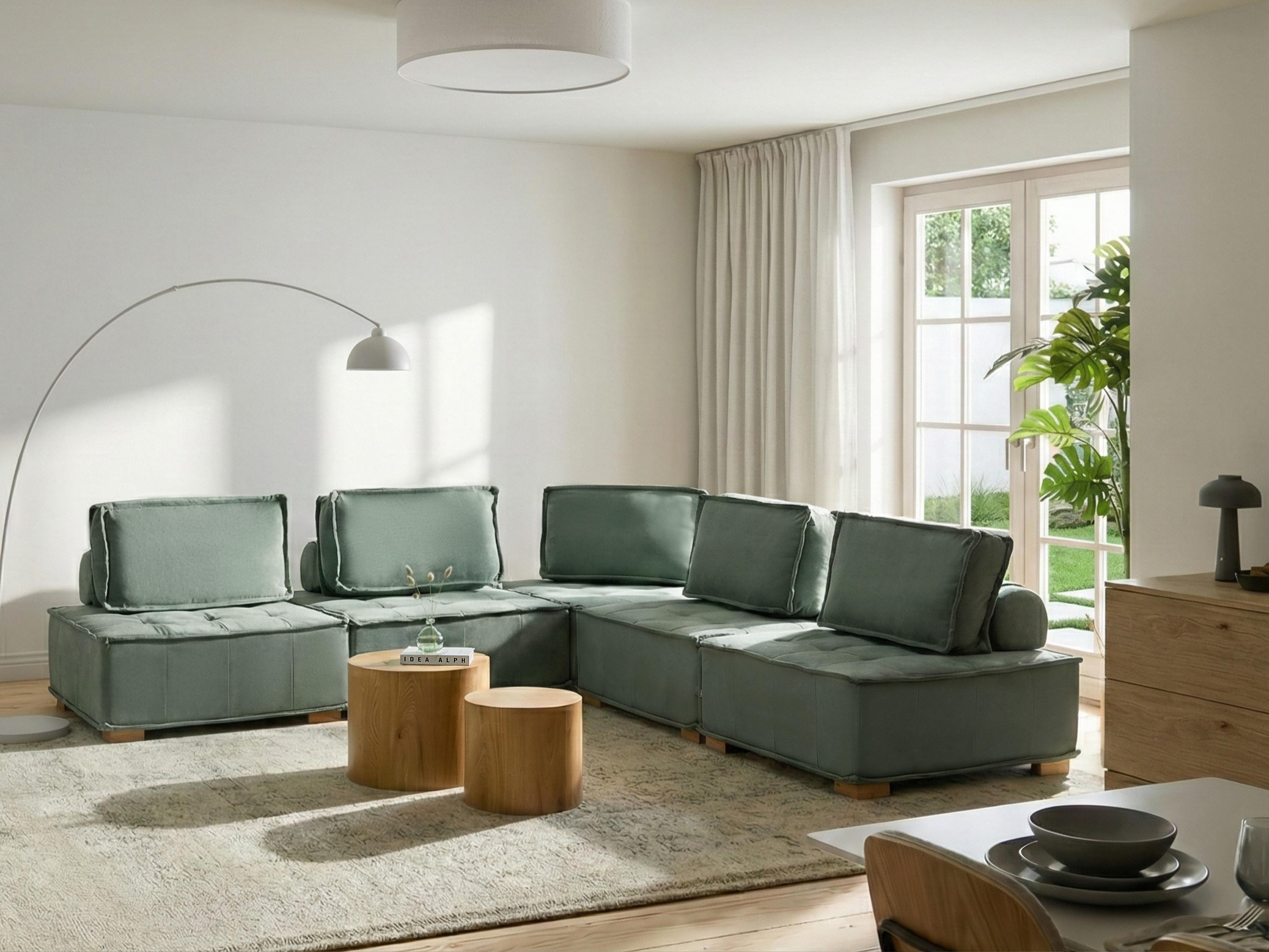 Modulaire hoekbank 5-zits TIBRO Stof Lichtgroen rechtszijdig
