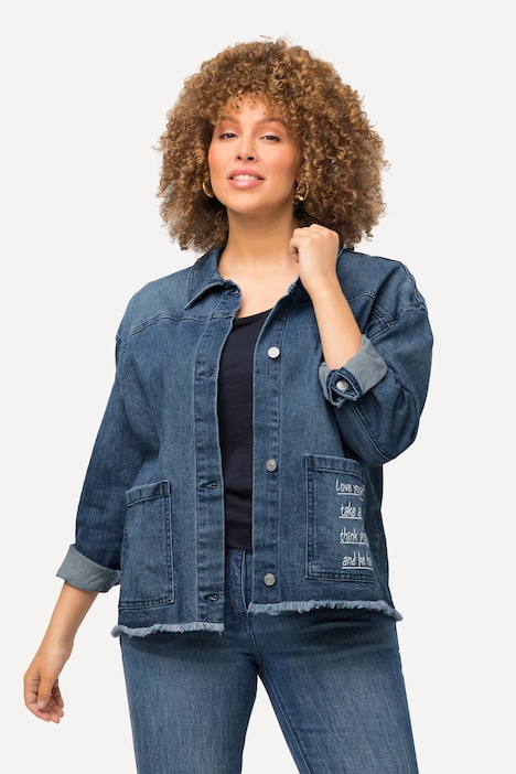 Jeansjacke, Schriftdruck, Oversized, Fransen, Hemdkragen