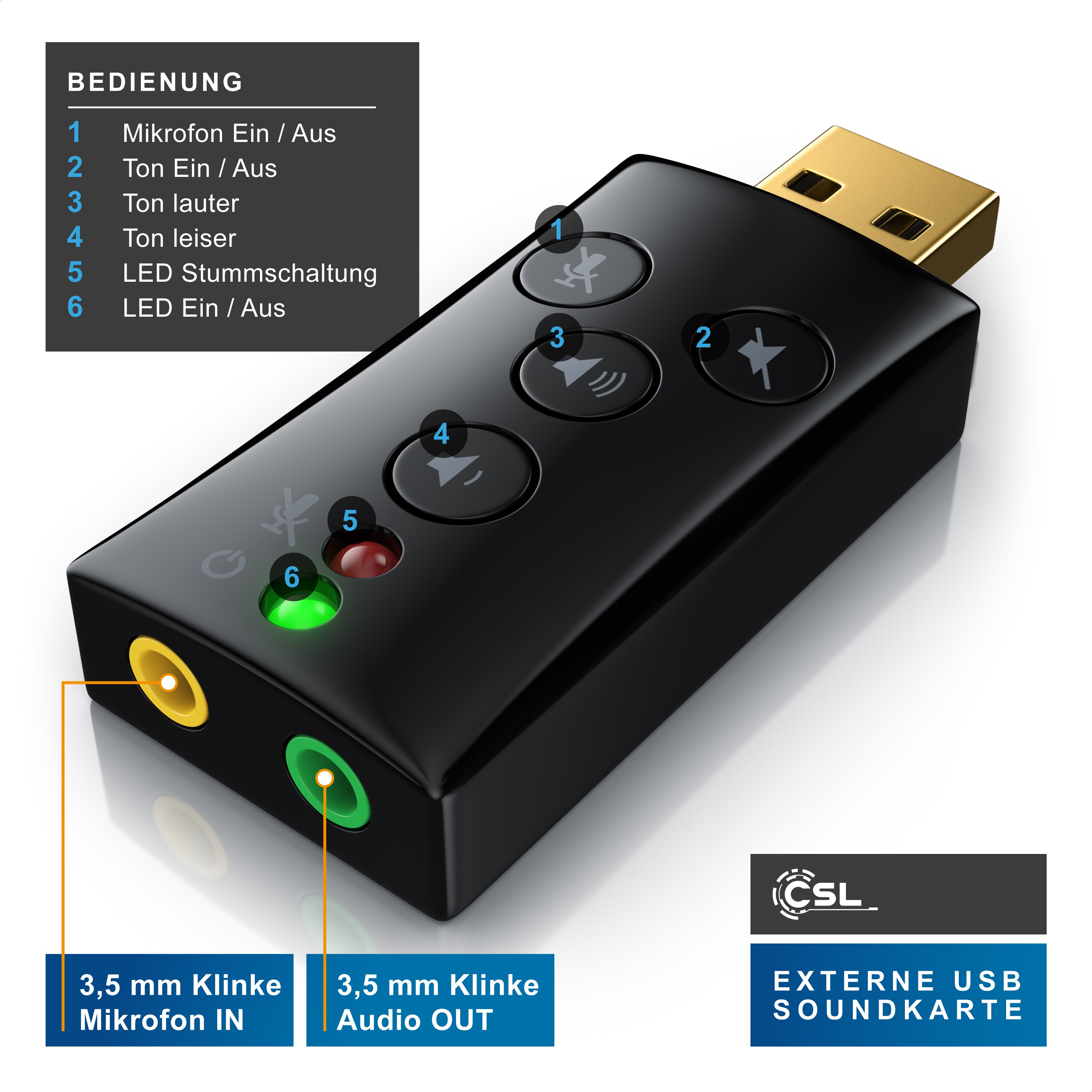 CSL Externe USB Soundkarte mit Virtual Surround Funktionstasten / Dynamic 3D Surround Sound