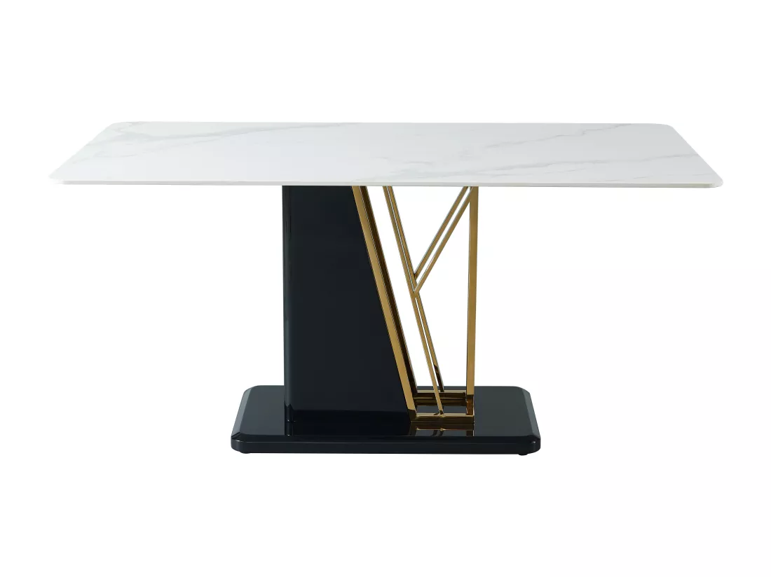 Table à manger 6 personnes en céramique et MDF - Effet marbre blanc, doré et noir laqué - BALLARAT