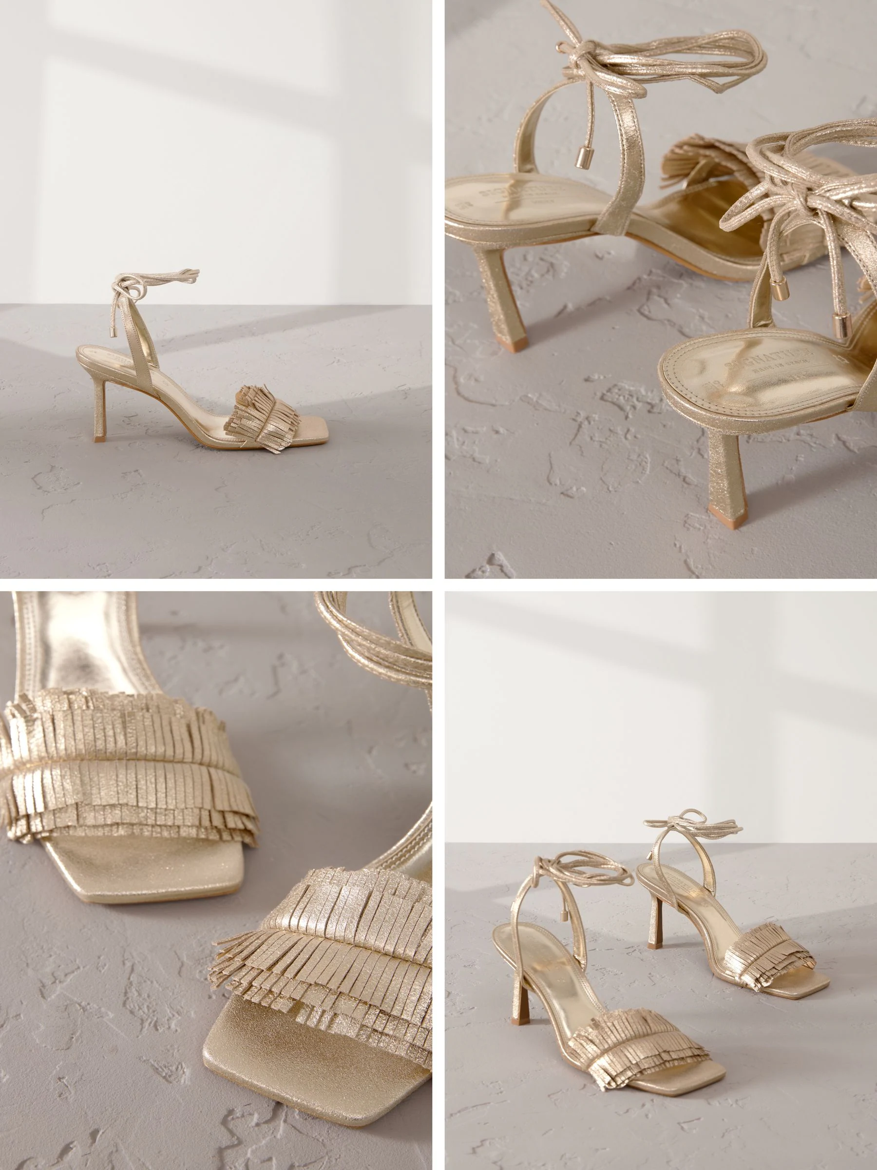Goud - Signature Premium Leather Fringe Tie Leg Heeled Sandals