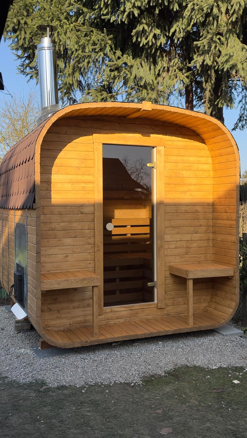 2QL Fasssauna Gartensaunas Garten Outdoor Sauna aus Fichtenholz – Verschiedene Größen (4–6 Personen) – mit Holzofen ETNA