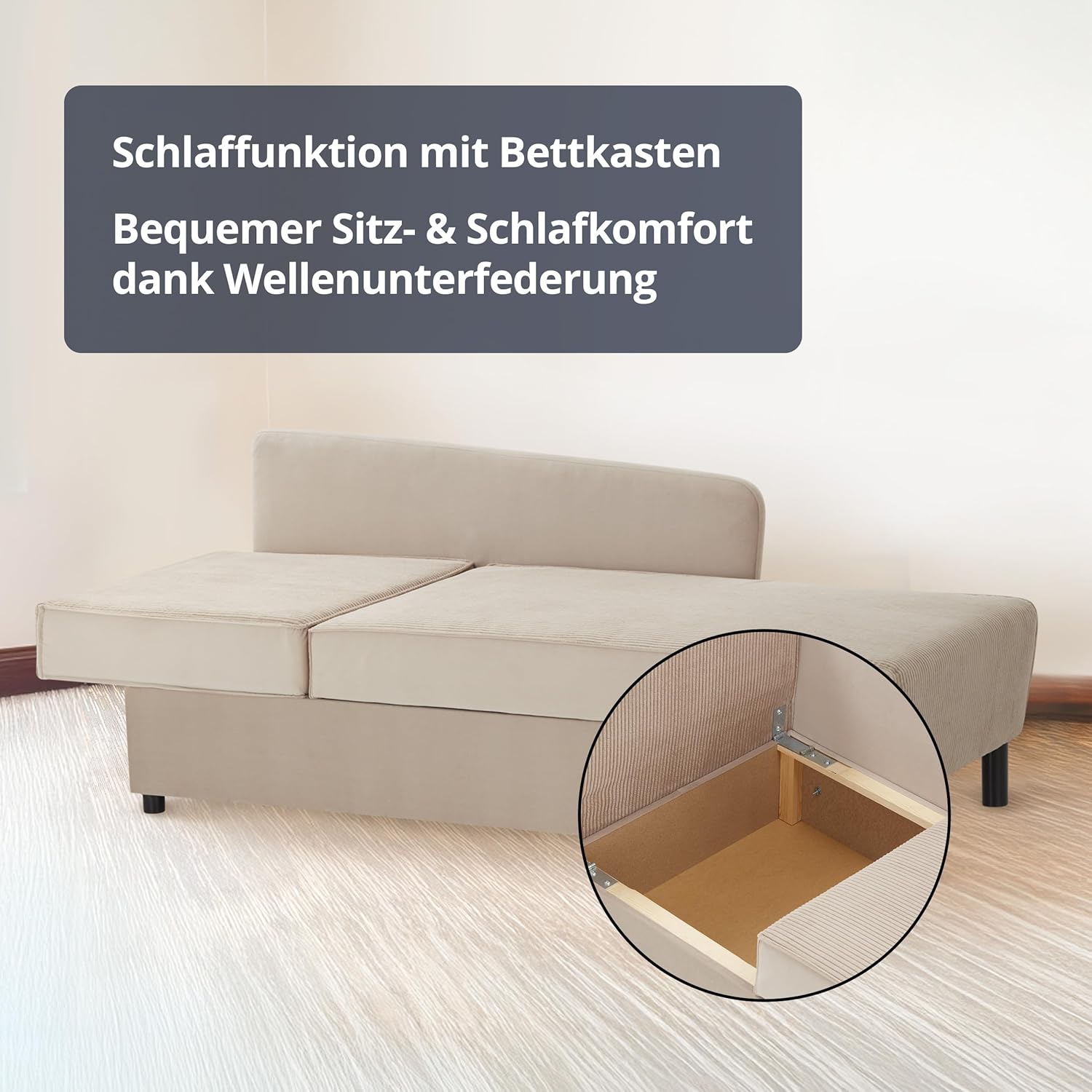 KHG Recamiere mit Bettkasten & Schlaffunktion - Moderne Liege mit Komfortschaum & Wellenunterfederung - inkl. Rückenkissen & Armlehnkissen - Cordstoff Beige