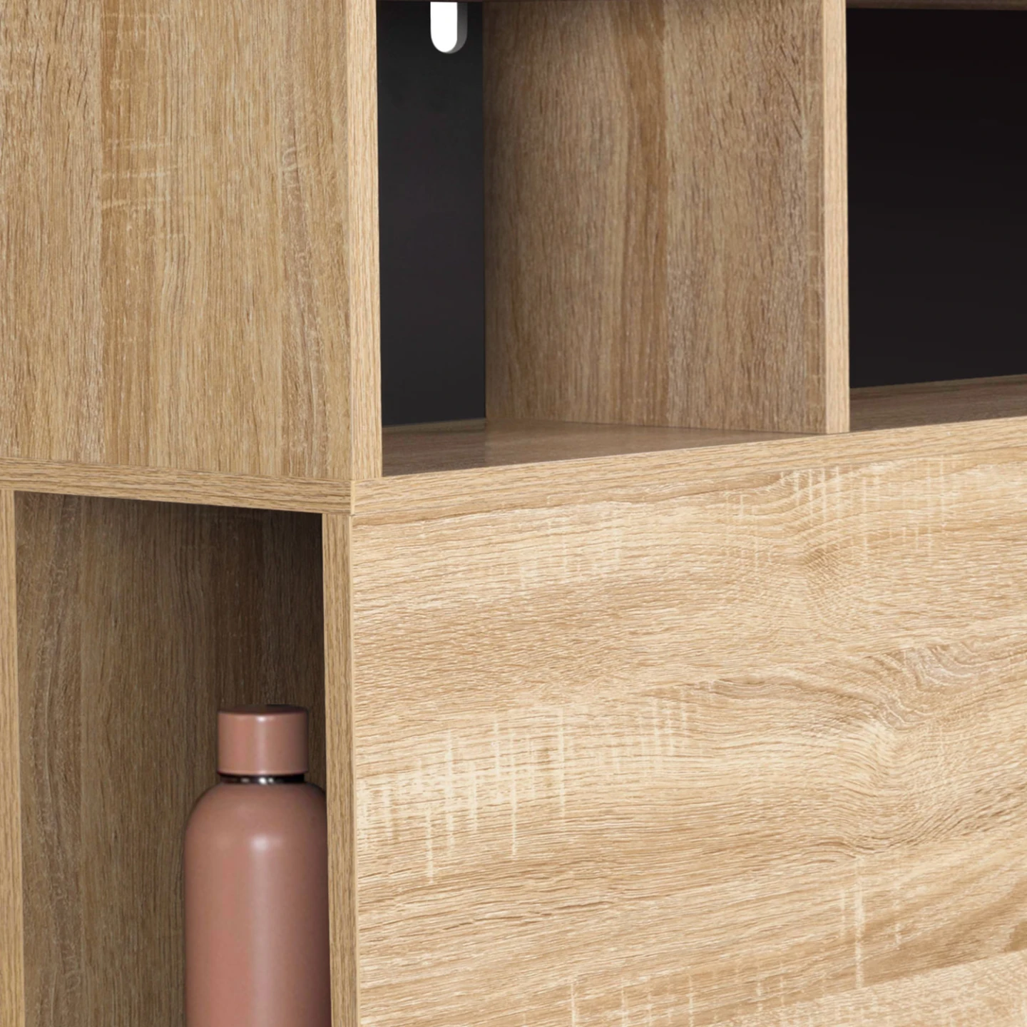 Tête de lit sur pied CLEO 165 cm avec rangements fermés et niches façon hêtre et noir