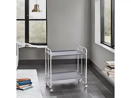 Chariot pliant à roulettes, , table pliante roulante - Structure métallique blanche, 2 niveaux en stratifié gris - 72*66*43 cm - BAUHAUS