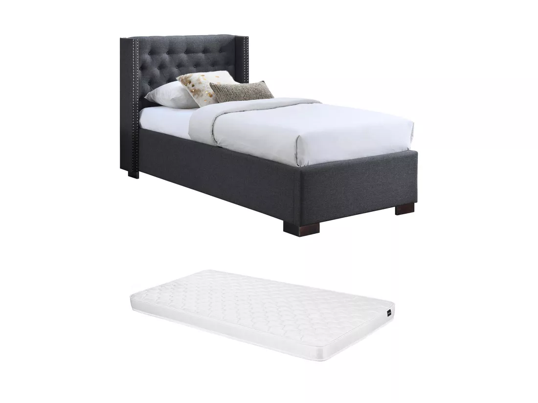 Lit 90 x 200 cm avec tête de lit capitonnée - Tissu - Gris + Matelas - MASSIMO II