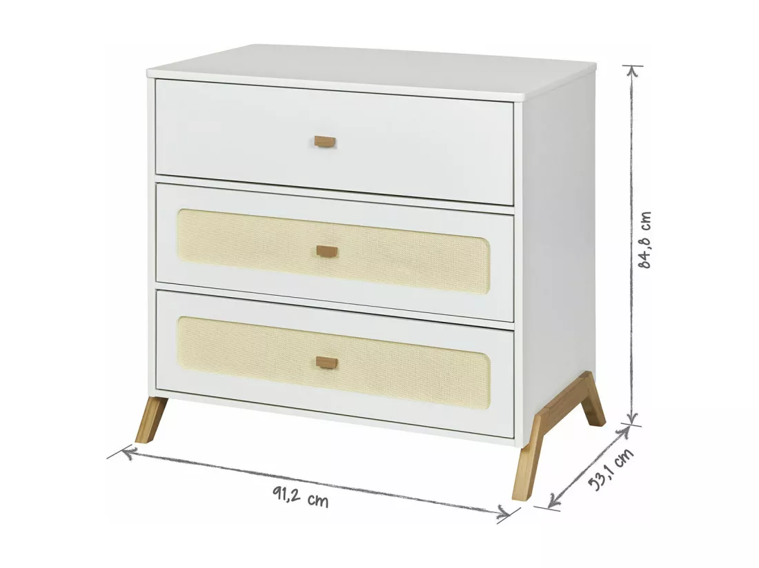 Commode à langer 3 tiroirs panneaux de fibres blanc et bois AZU