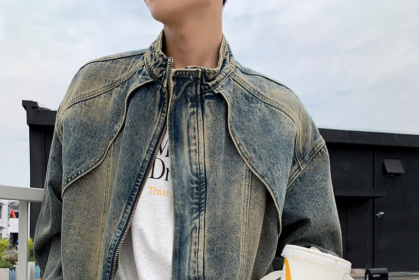 Lorencho - Denimjack met opstaande kraag, gewassen paneel en rits