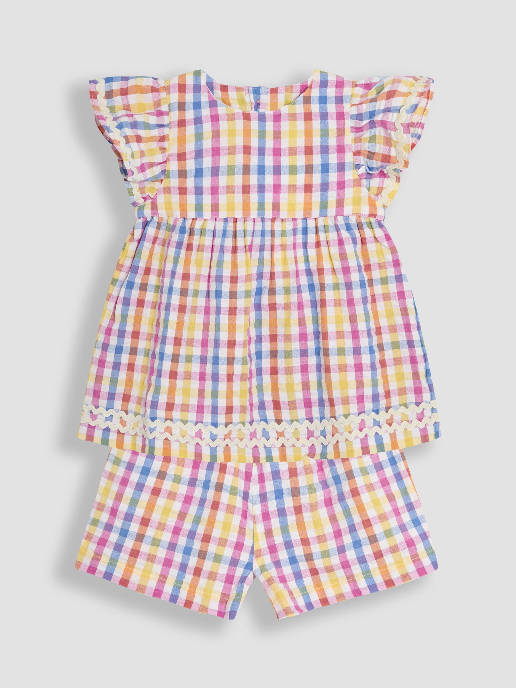 JoJo Maman Bébé - 2-delige set van blouse met gingham-ruit en korte mouwen en short