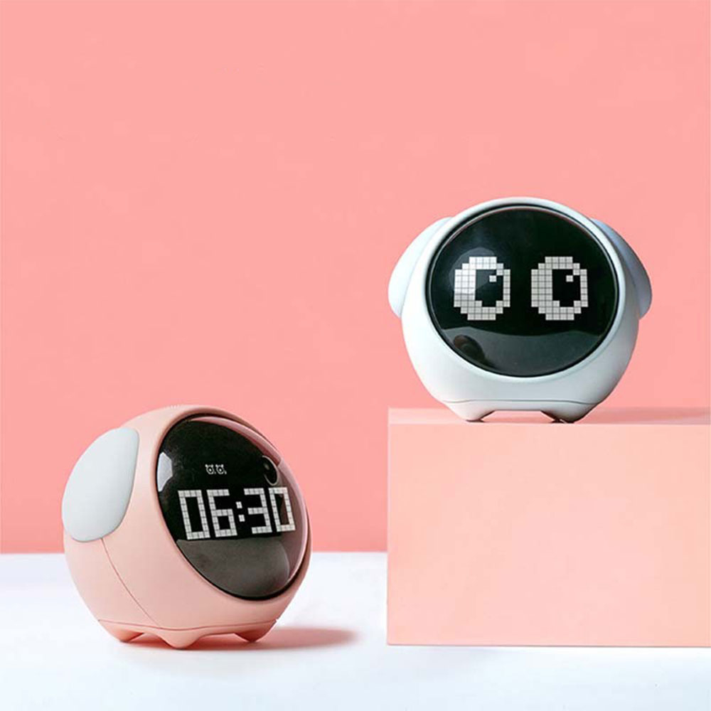 LED Kinder Wecker Tischuhr mit Pixel Emoji   Nachtlicht - Grau