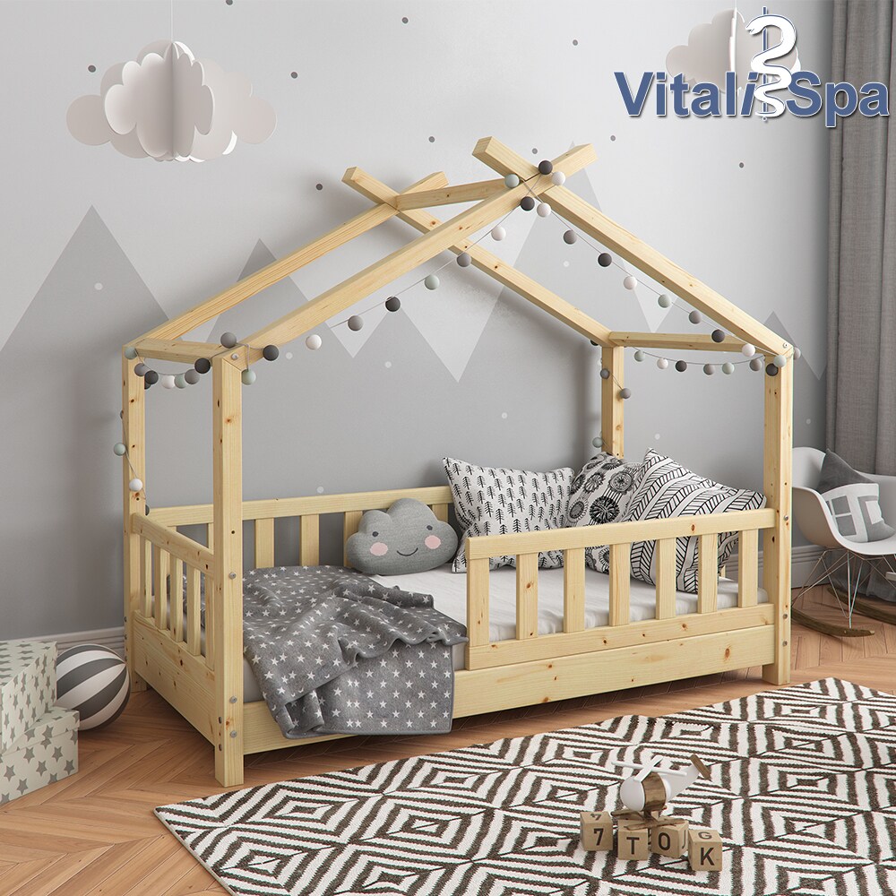 VITALISPA Kinderbett Hausbett DESIGN 70x140cm Natur Zaun Kinder Holz Haus Hausbett mit Matratze