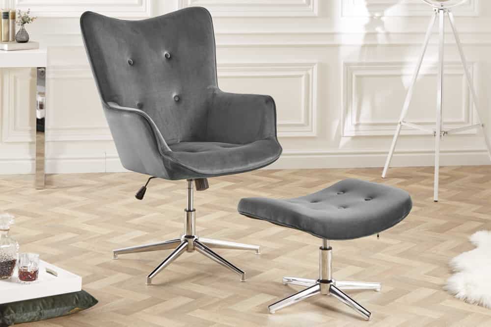 Eleganter Hocker MR. LOUNGER grau Samt mit Chromgestell