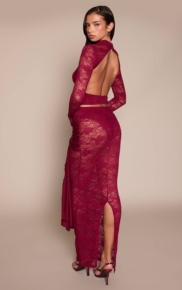 Rouge Vin Jupe Longue Drapée En Dentelle Slinky