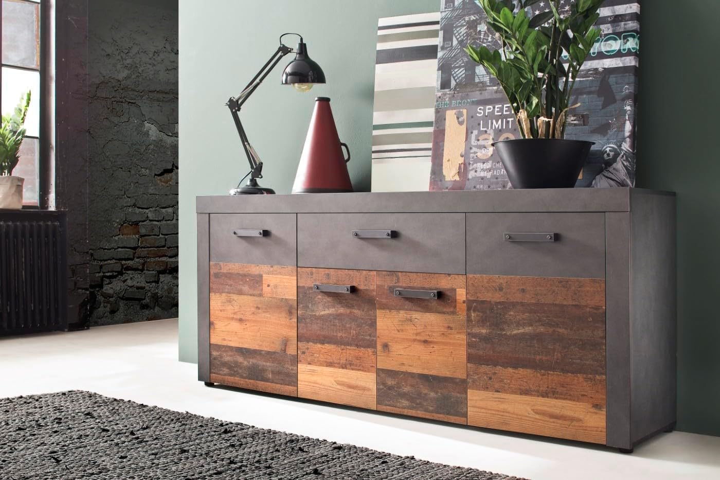 trendteam smart living - Indy - Kommode - Eiche/Grau - Sideboard mit 4 Türen, 1 Schublade und 5 Einlegeböden - (BxHxT) 178 x 76 x 40 cm - antikfarbene Griffe