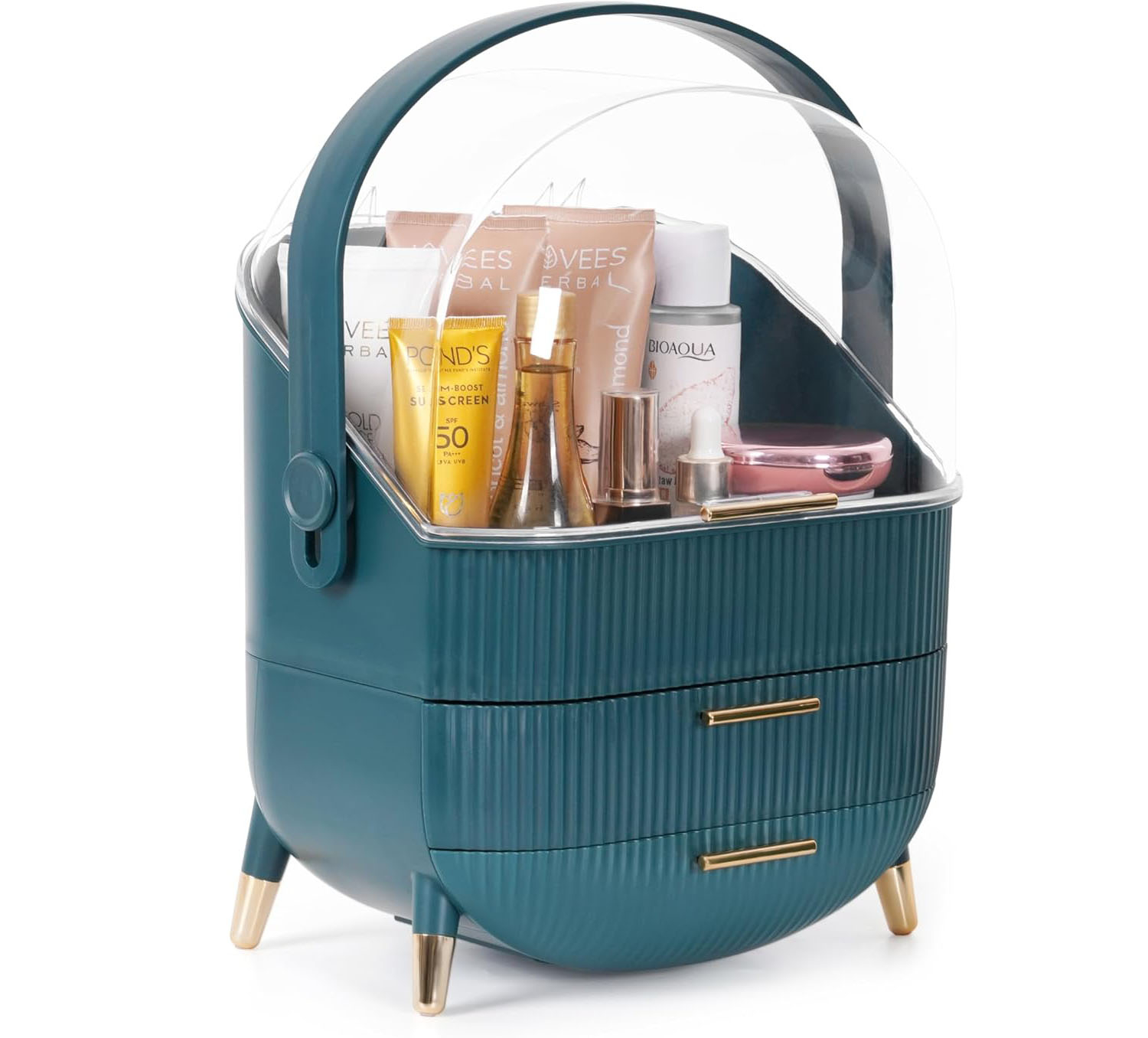 Make Up Organizer Schminktisch Kosmetik Aufbewahrung mit Deckel / Schubladen / Tragegriff - Grün / Transparent