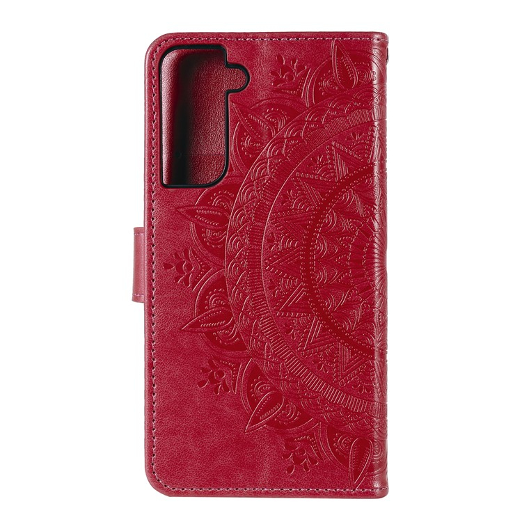 Samsung Galaxy S21 5G Leder Tasche Wallet - Mandala Flowers Imprint - Rot