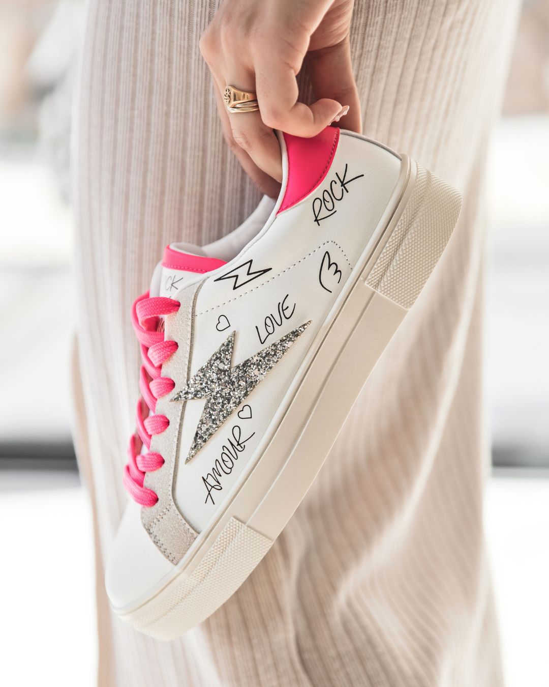 Basket femme blanche rose à lacets éclair - Alix