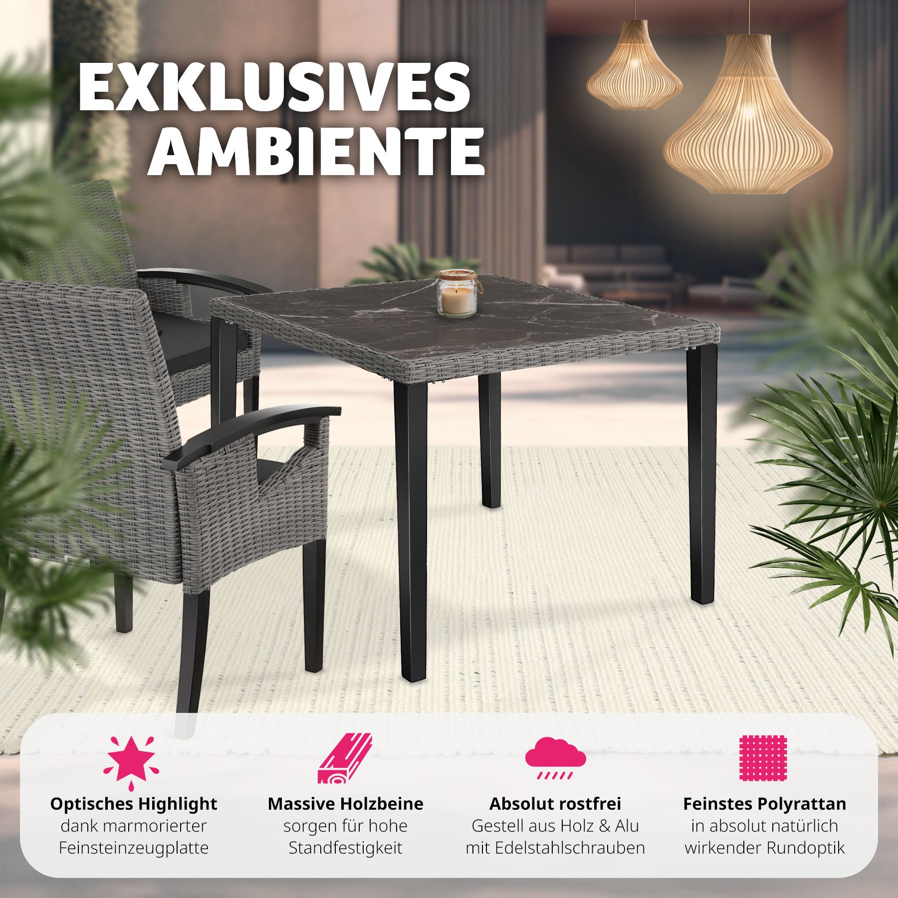 tectake® Rattan Tisch, mit Aluminium- und Holzgestell, wetterfest und UV-beständig, 93,5 x 93,5 x 75 cm