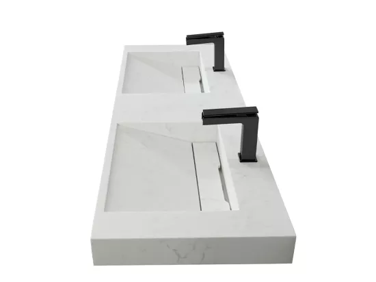 Double vasque suspendue en solid surface effet marbre blanc - KODIAK - L140.2 x l45.2 x H8 cm