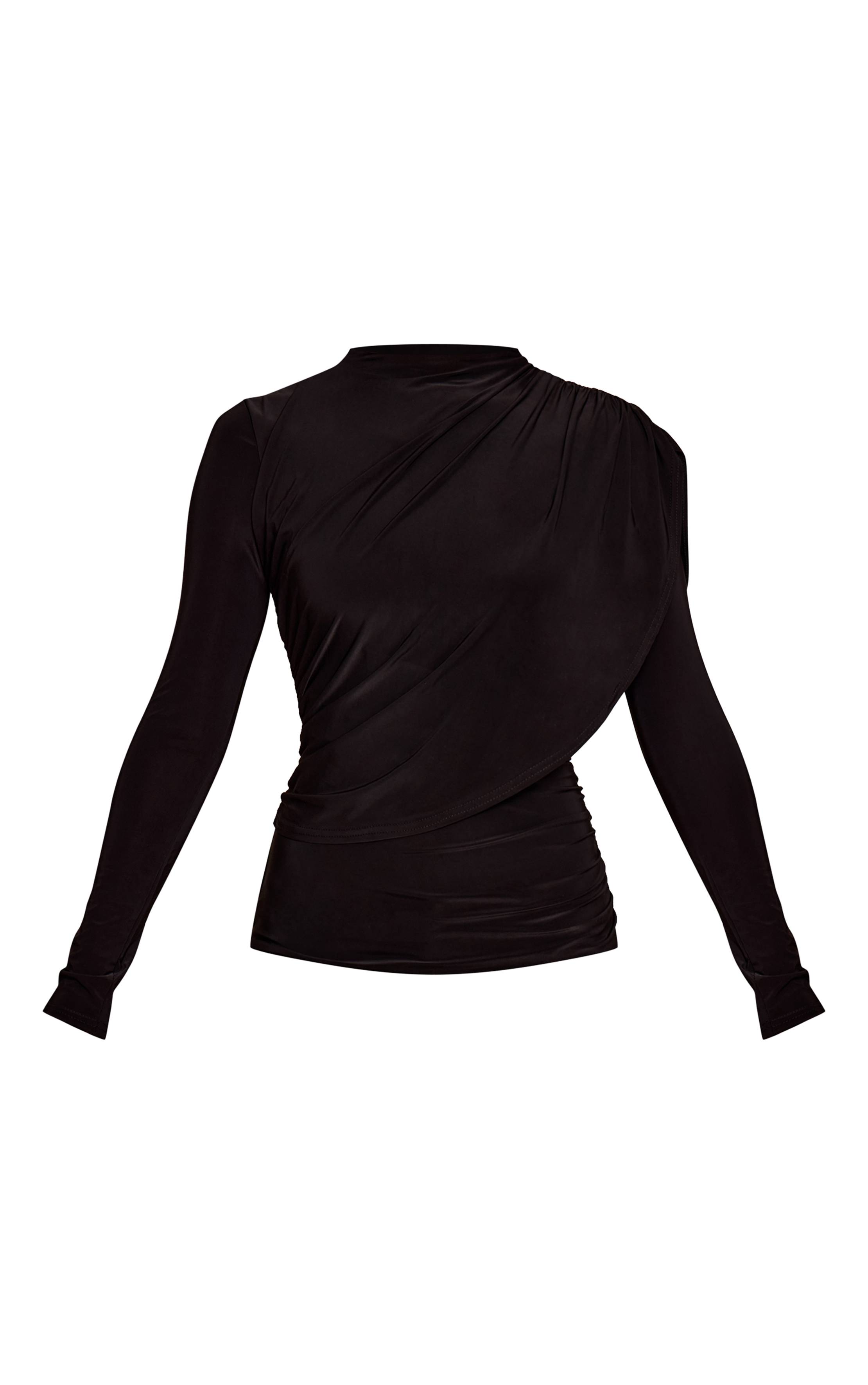 Noir Top À Manches Longues En Tissu Slinky Double Couche Avec Détail Cape