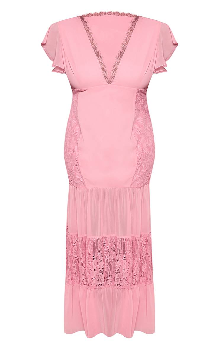 Rose Robe Longue Grande Taille En Satin Avec Empiècements En Dentelle Contrastée