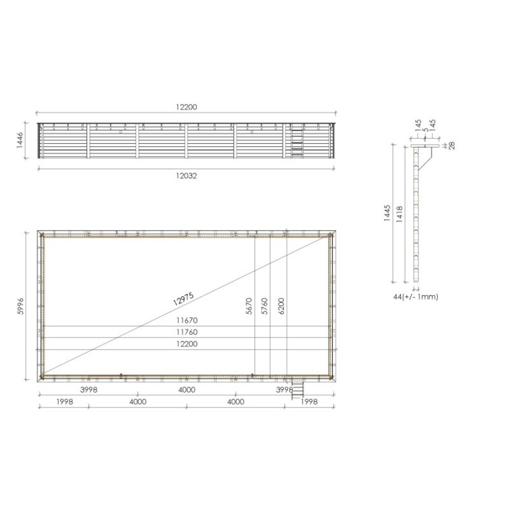 Piscine de jardin en bois - 12,20x6,20 x h.1,44 m - rectangulaire - coffre de filtration compris