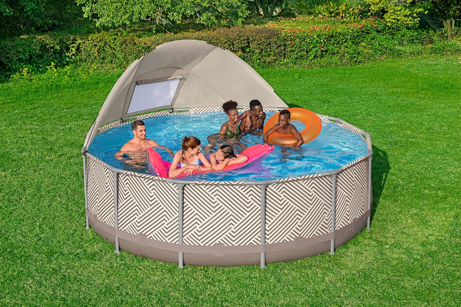 Bestway Steel Pro MAX Frame Pool Komplett-Set mit Filterpumpe Ø 396 x 107 cm, Op Art-Design, rund