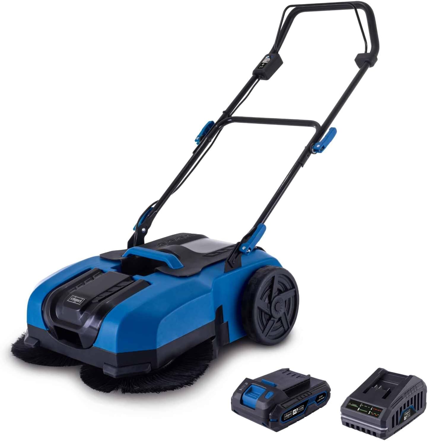Scheppach Akku Kehrmaschine C-S610-X Kehrbesen mit 2Ah Akku & Ladegerät | 20V-IXES-Serie | 610mm Arbeitsbreite | max. Flächenleistung 2000 m² | 20L Kehrbehälter | Softprofil-Räder & 360°-Lenkrollen