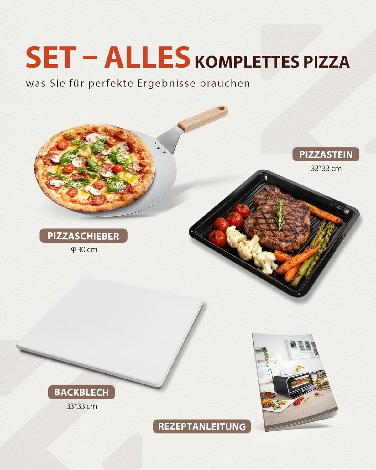 Pizzaofen Elektrisch, bis 450°C für 90-Sekunden-Neapolitanische Pizza, 13 Programme (6 Pizza- & 6 Kochmodi + Profi-Funktion), Doppelte Heizelemente, Pizzaschaufel & Pizzastein & Backblech