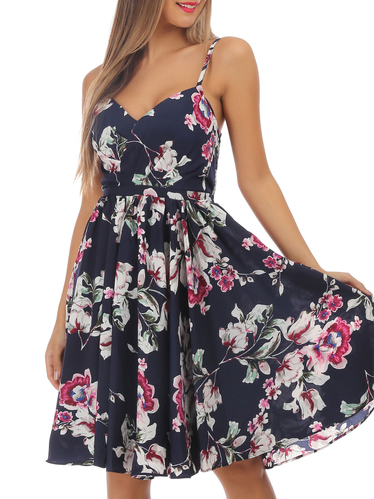 Robe courte fleurie- Bleu marine