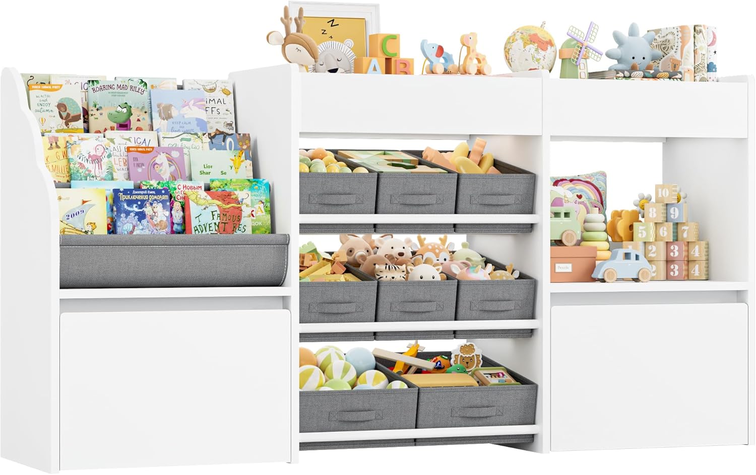 HOCSOK Kinderregal mit 8 Boxen auf Rollen, Regal Kinderzimmer mit Bücherregal, Spielzeugregal Kinderzimmer für Schlafzimmer Kindergarten, Weiß, 158x80x29.7cm