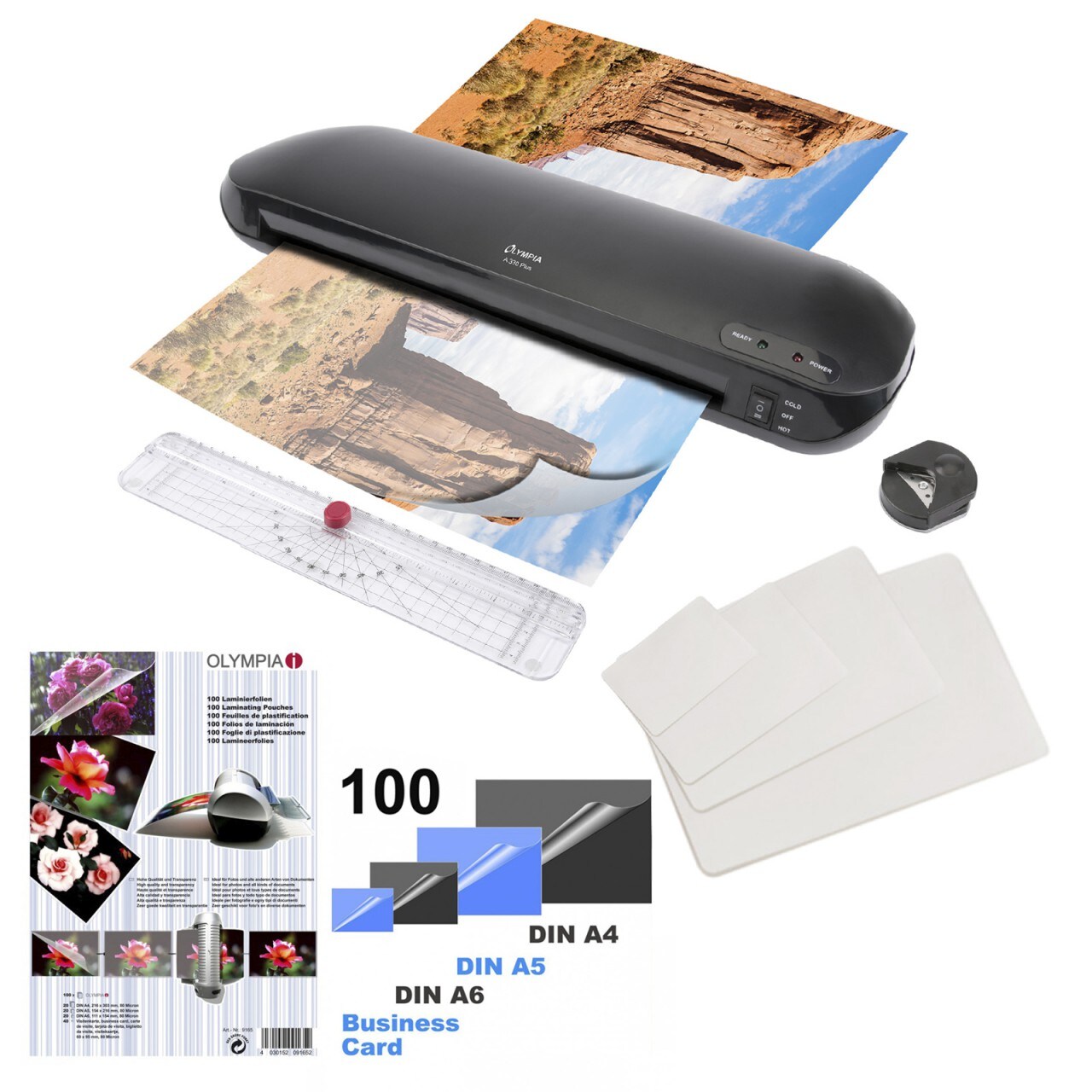 OLYMPIA A 330 Plus 4-in-1 Premium Laminierset mit Trimmer, Eckenrunder, bis DIN A3, 100 gemischte Folien
