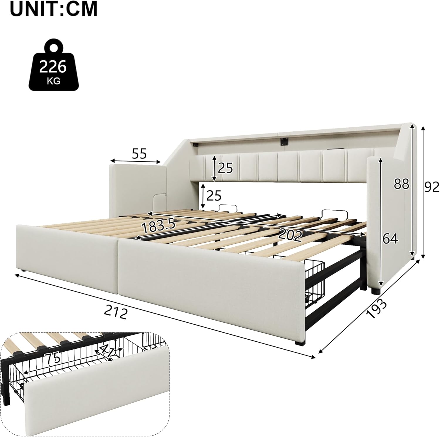 Polsterbett Tagesbett mit LED & USB Typ-C Ladefunktion, Ausziehbares Schlafsofa 90/180x200 cm, Multifunktionsbett Gästebett Einzelbett/Doppelbett mit 2 Schubladen & Lattenrost, Ohne Matratze, Beige