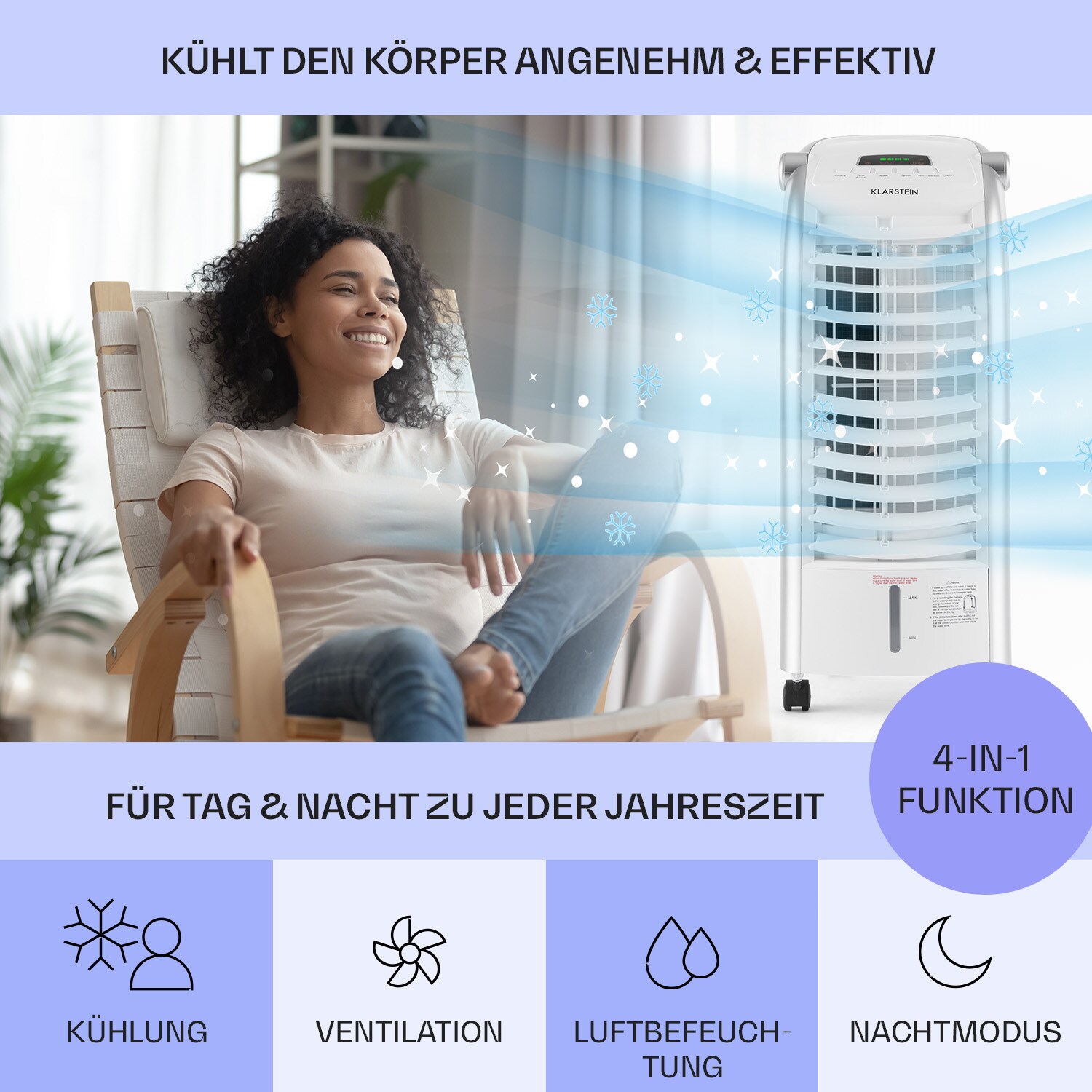 Maxfresh Ventilator Luftkühler 4-in-1 6L-Wassertank 55W Timer-Funktion Weiß