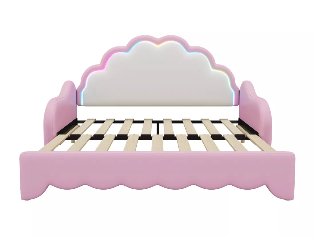 Lit gigogne 140x200cm, canapé lit transformable, tête de lit avec lumière courante, sans matelas, rose