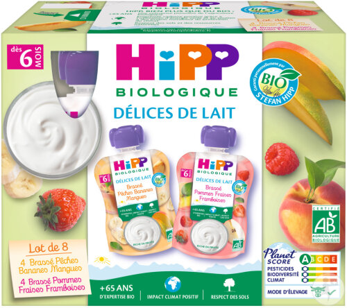 HIPP Biologique Délices De Lait Gourdes Multipack Brassés 2 Variétés Bébés +6 Mois 8x90g