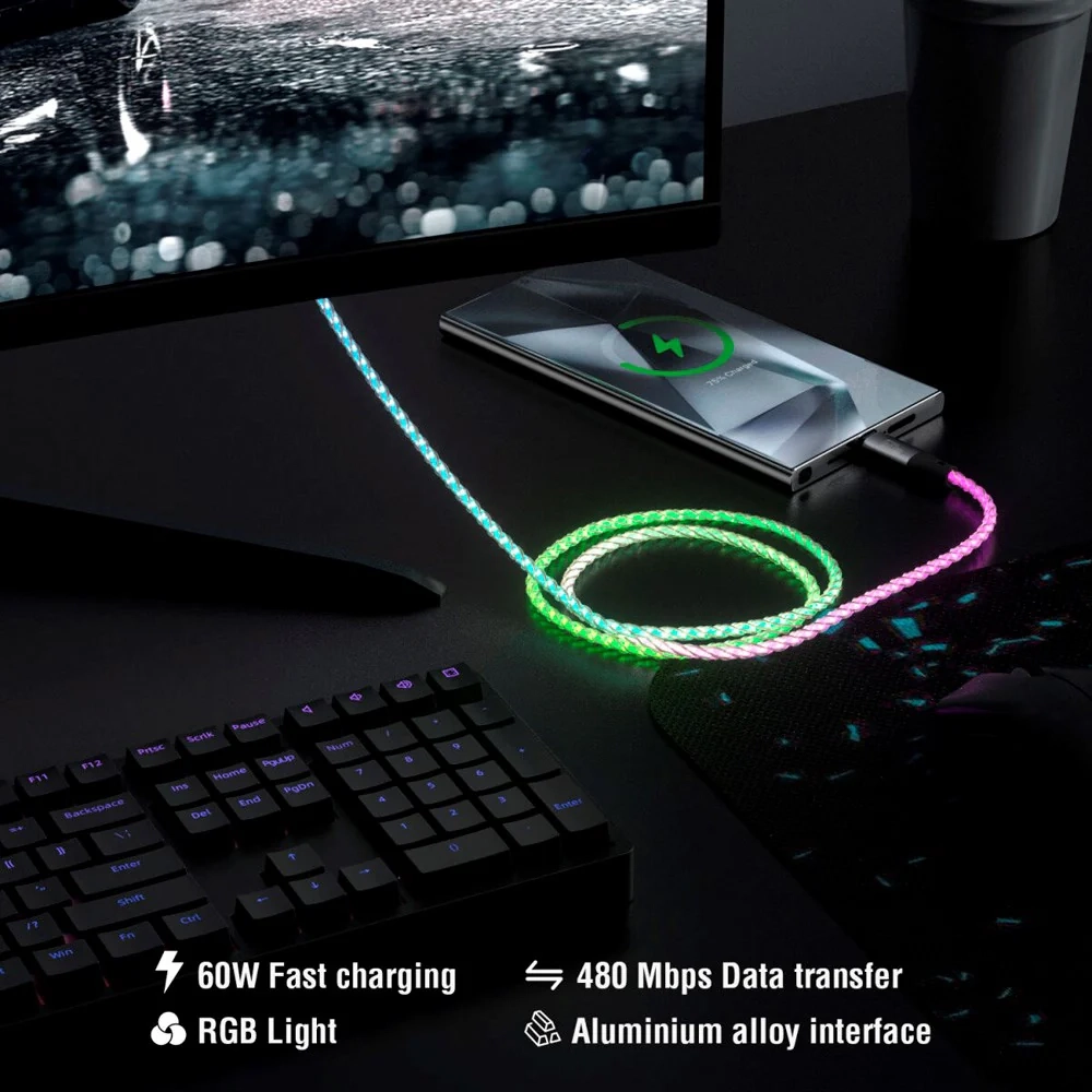 (1.5m) 60W USB C auf USB C Ladekabel LED Leuchtendes Datenkabel (541440) - Bunt