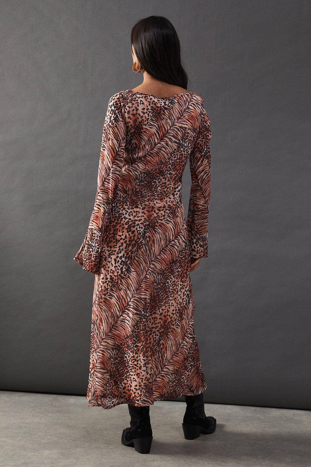 Warehouse Robe Midi Biais en Mousseline avec Nœud et Découpe Décolleté