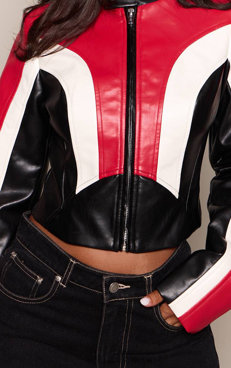 Noir Veste De Motard Petite En Synthétiquecuir À Bandes Contrastées