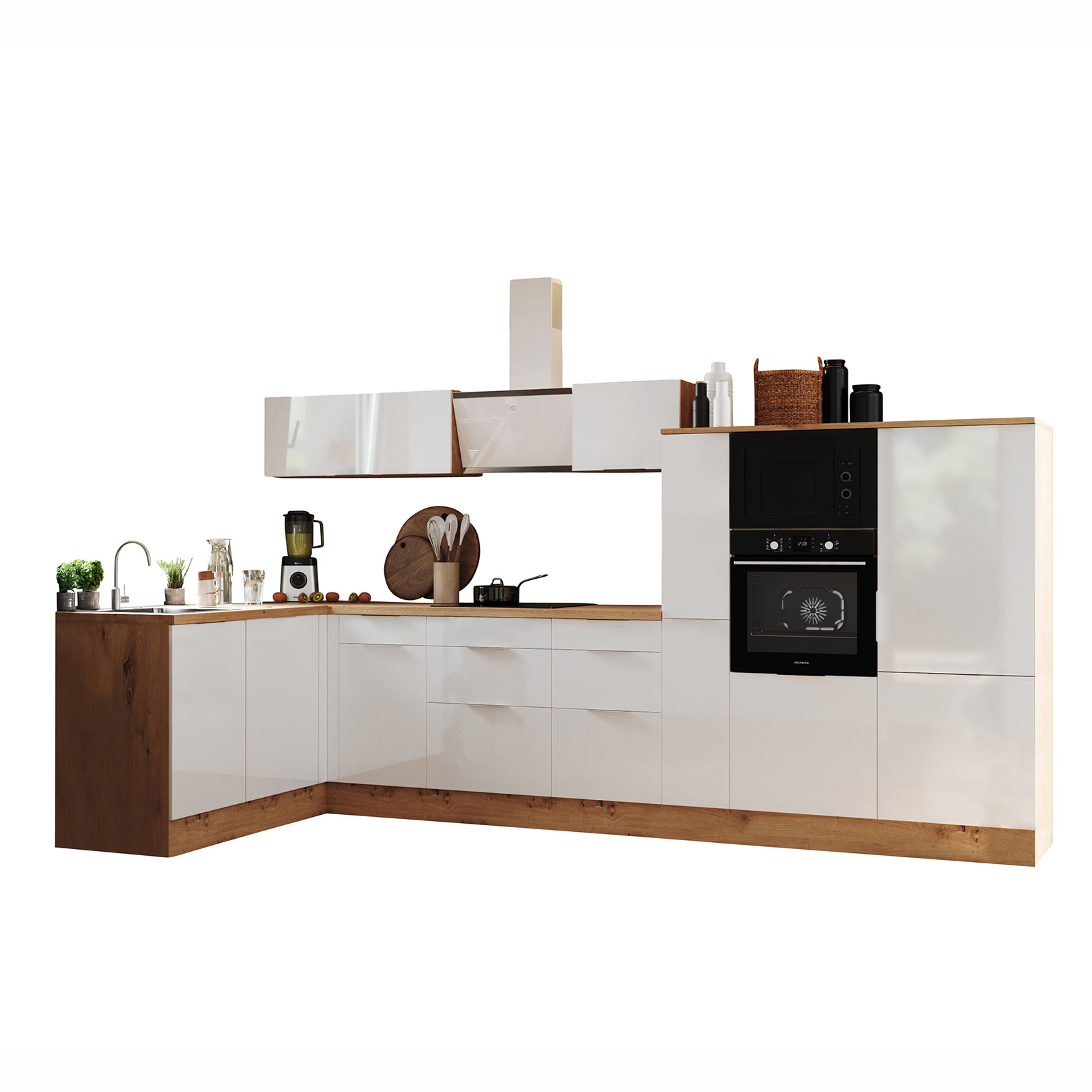RESPEKTA Winkelküche - weiß Hochglanz - Artisan Eiche - mit E-Geräten - 370 cm