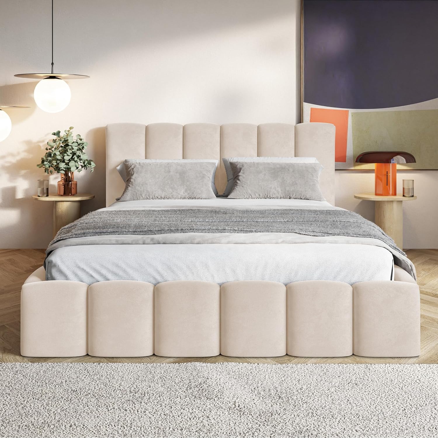 Nunu Bubble Bett 140x200 Beige Samt, mit Stauraum, mit Kopfteil, mit Lattenrost, ohne Füße, ohne Matratze, Bubble Polsterbett 140x200 mit Bettkasten Beige (Creme)
