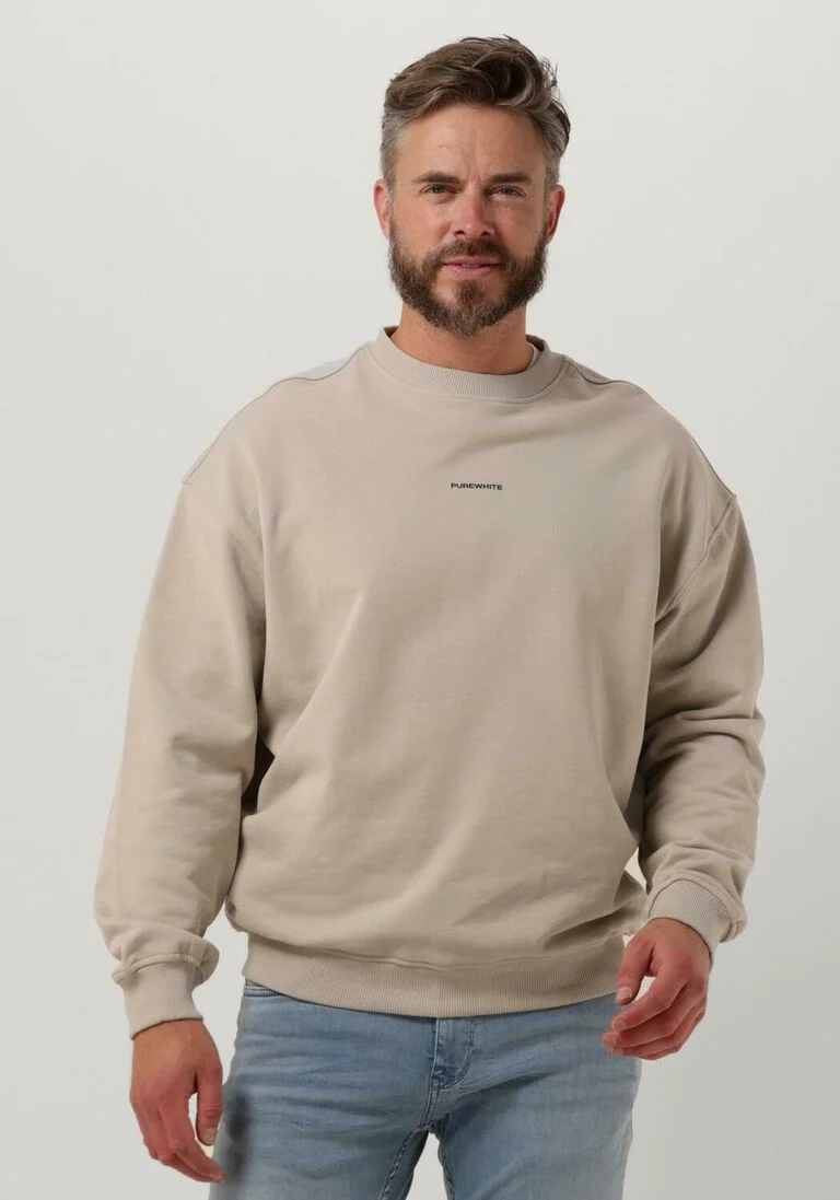 PUREWHITE zand purewhite trui crewneck with small logo on chest and big back print