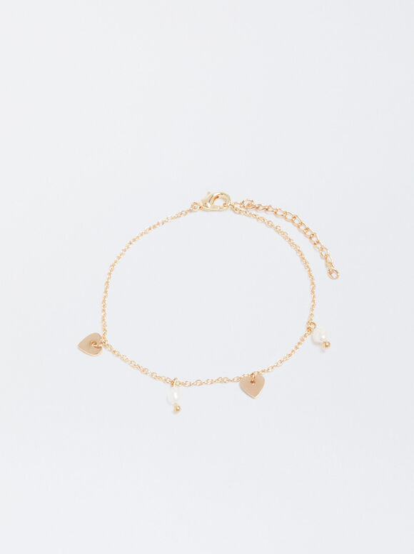 Pulseira com pérola e corações - Dourada