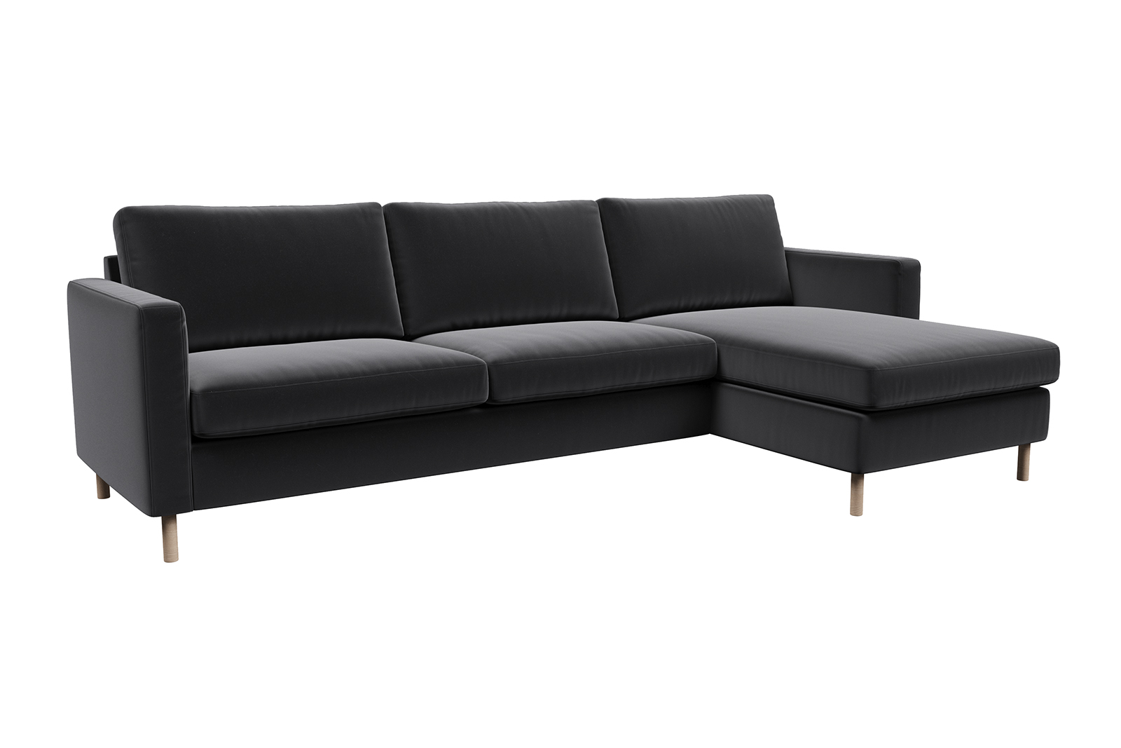 Viken sjeselongsofa 2,5-seter med sjeselong høyre. I tekstil Matt Velvet 99 Black med hvitoljet eikeben. Arm B og skum komfort.