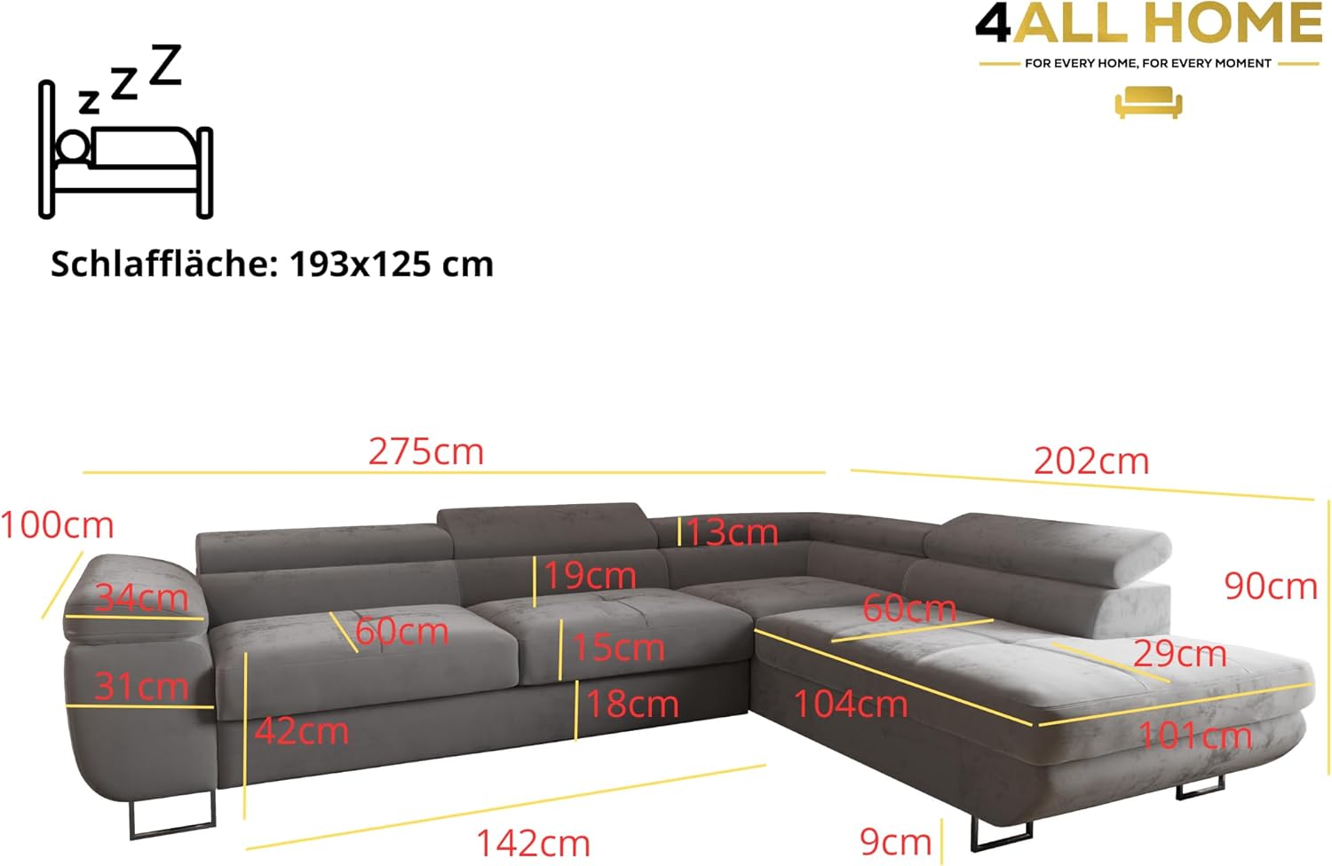 Ecksofa Luna mit Schlaffunktion und Bettkasten – 275x202 cm – verstellbare Kopfstützen – Liegefläche 193x125 cm – Couch – Schlafsofa – L-Sofa mit Stauraum (Monolith 84 Hellgrau, Seite: Links)