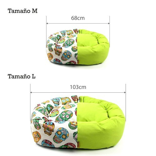 Cama para cachorro em formato de donut com caveira mexicana, verde.