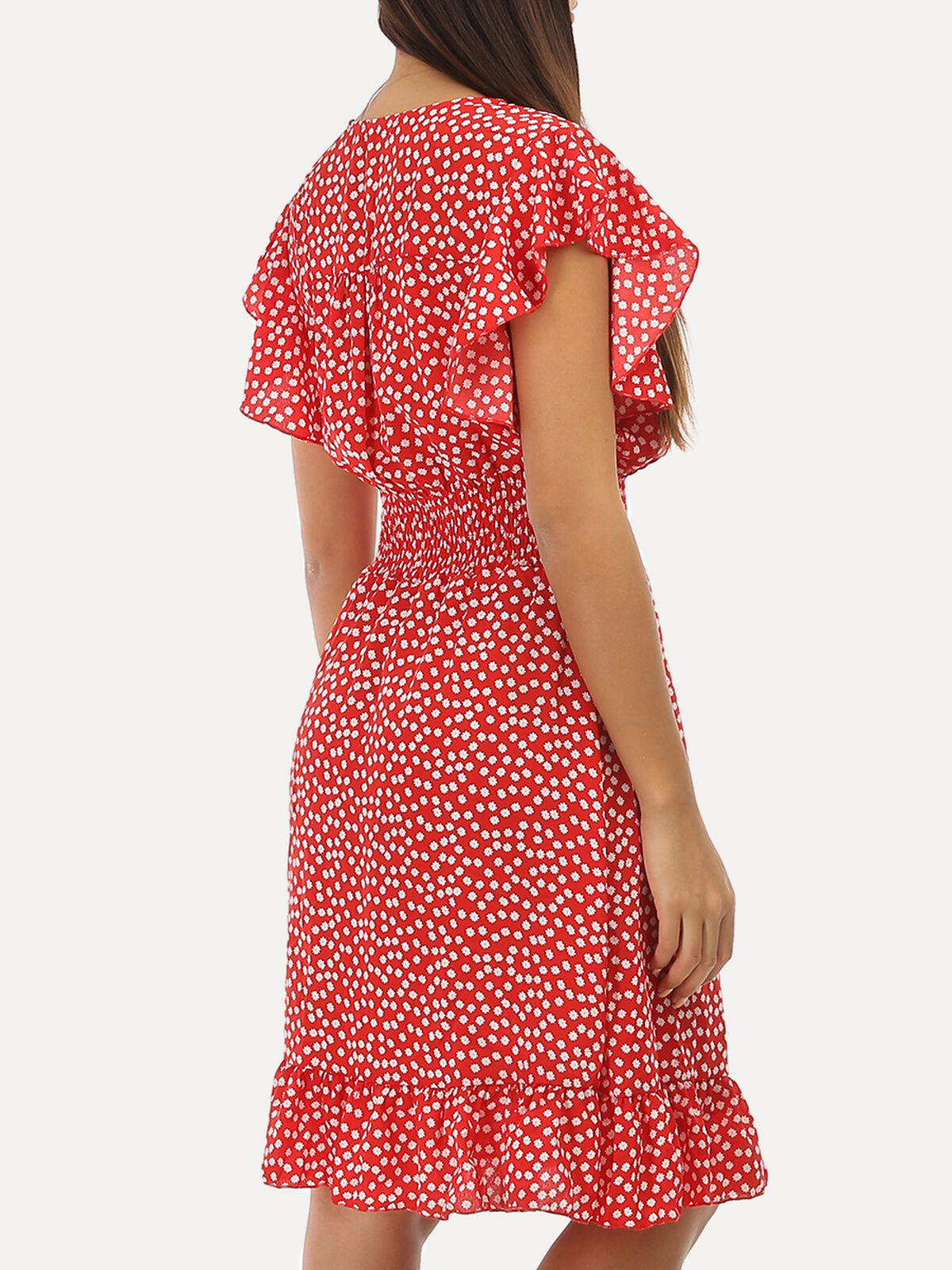 Robe à fleurs et volants- Rouge